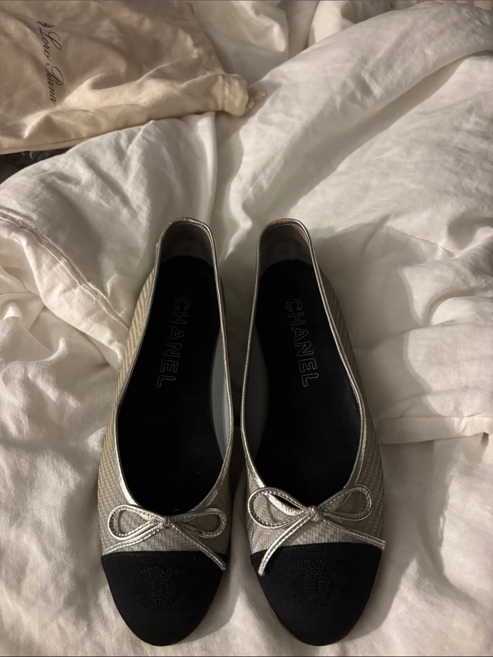 Chanel Silver and Black Ballet Flats
